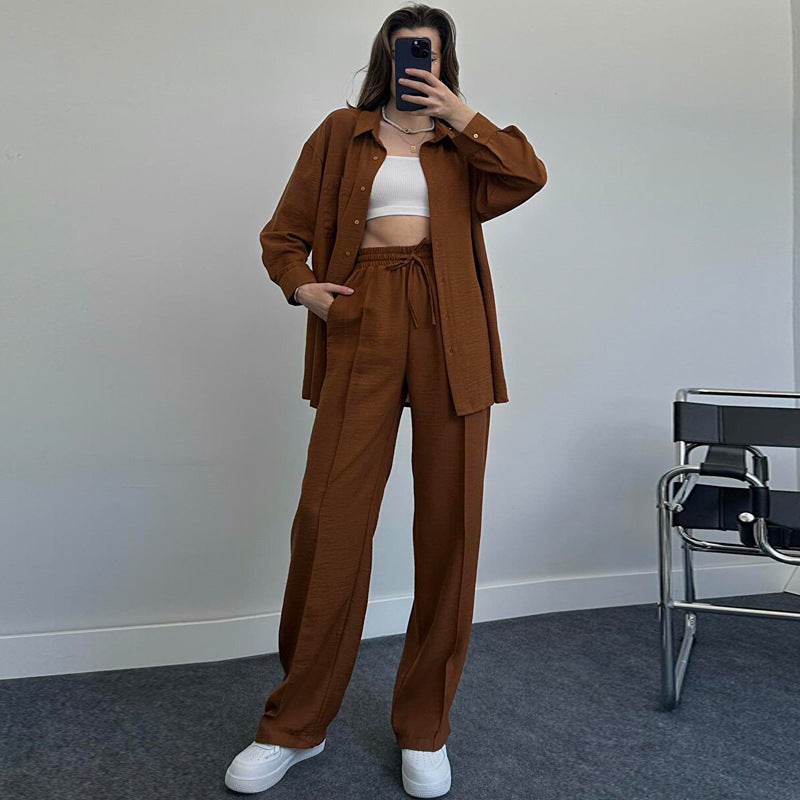 Long Sleeve Shirt Pleated Elastic Waist Pants Elegant Two Piece Set Wholesale Womens Clothing N3823120800043