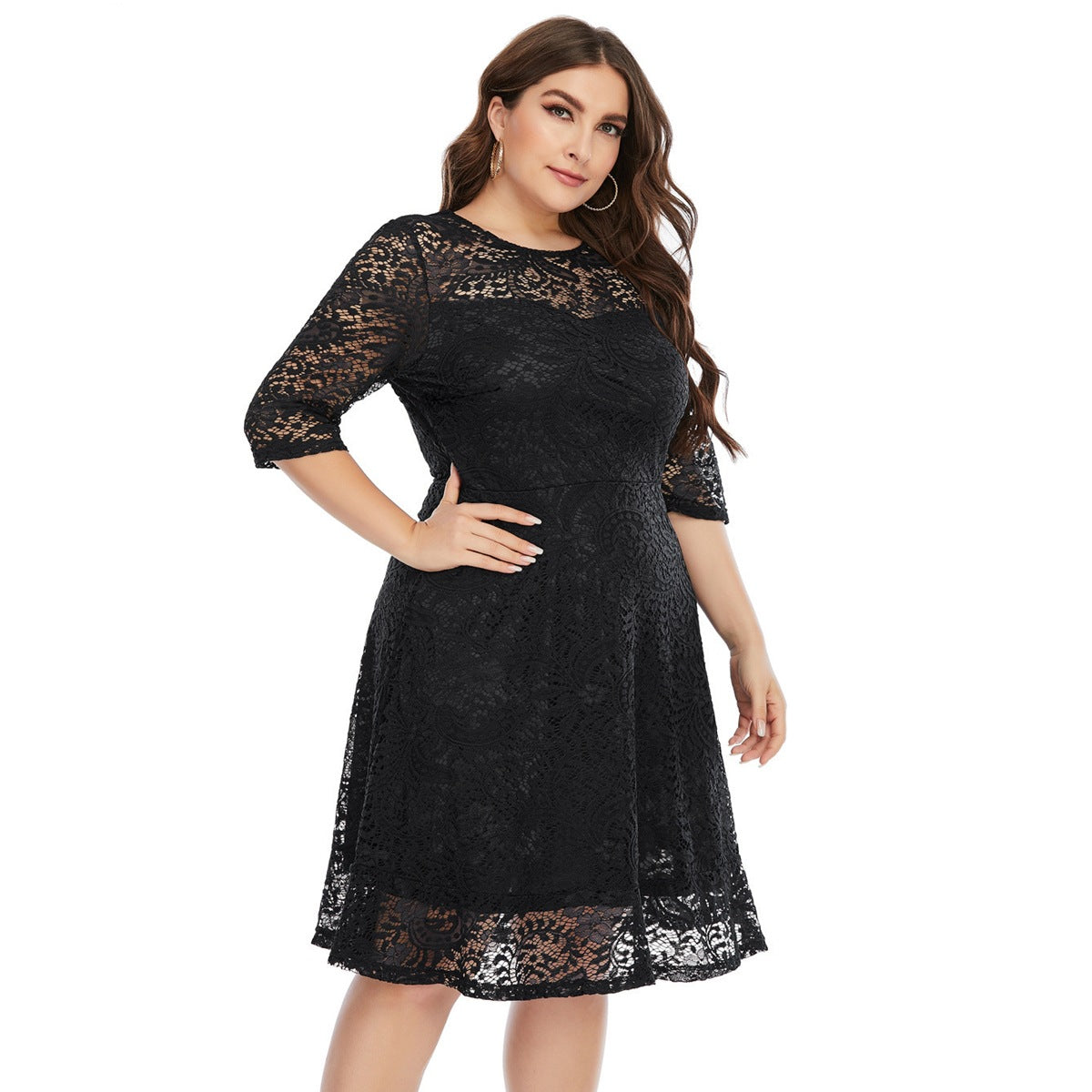 Plus Size Round Neck Lace Midi Gown Dresses Wholesale Womens Clothing N3824080300049