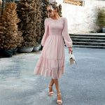 Elegant Solid Color Bubble Sleeve Jacquard Long Dress Wholesale Dresses