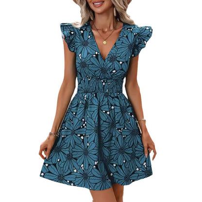 Summer V-Neck Waist Sexy Flower Ruffle Sleeveless Dresses Wholesale Womens Clothing N3824052000038