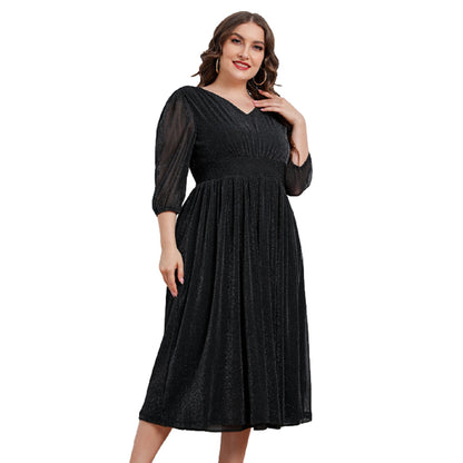 Plus Size V-Neck 3/4 Sleeves Mid-Length Mesh Dresses Wholesale Womens Clothing N3824080300021