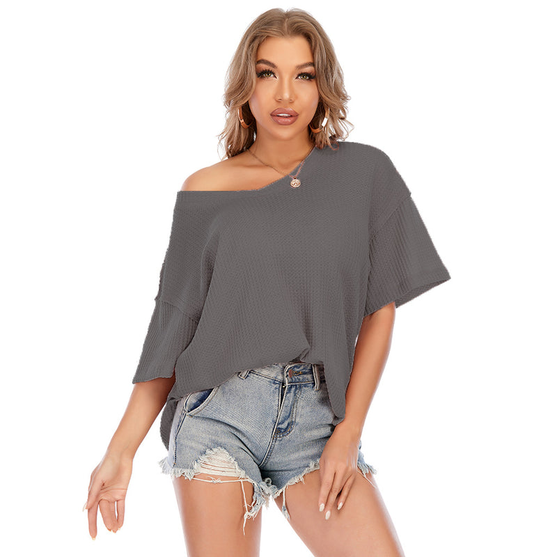 Casual Waffle Knit V-Neck Loose Short-Sleeved T-Shirt Wholesale Womens Tops