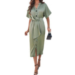 Solid Color Temperament V-Neck Short-Sleeved Dresses Wholesale Womens Clothing N3824022600015