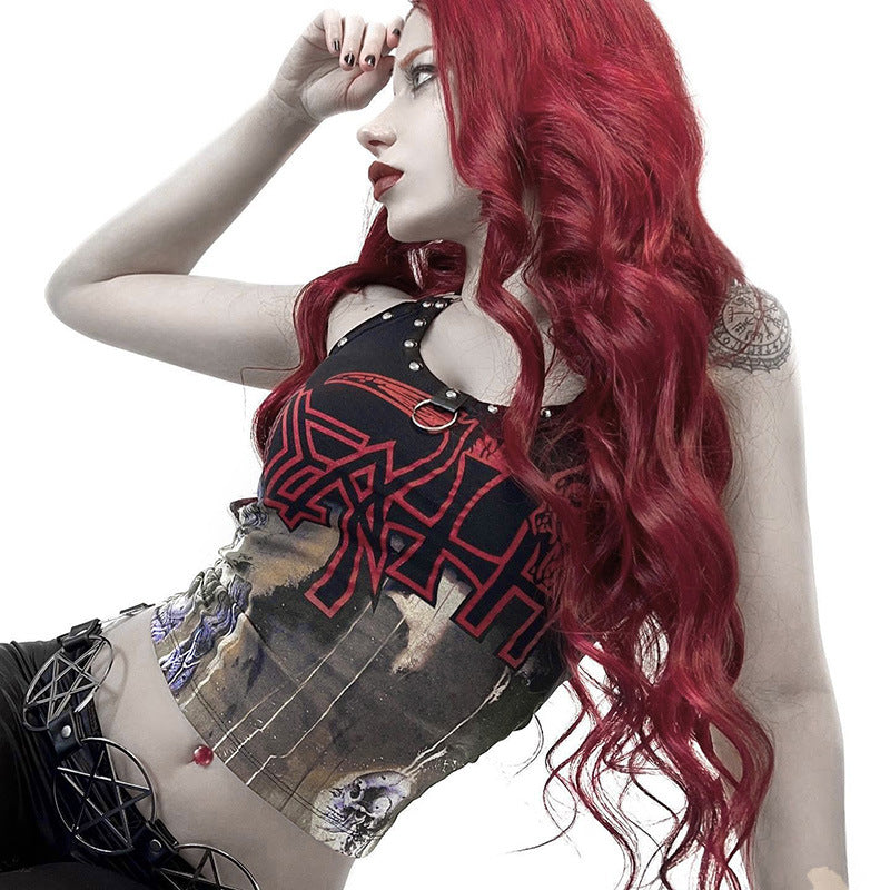 Dark Punk Gothic Print Stud Halter Strap Crop Tops Wholesale Women'S Tops