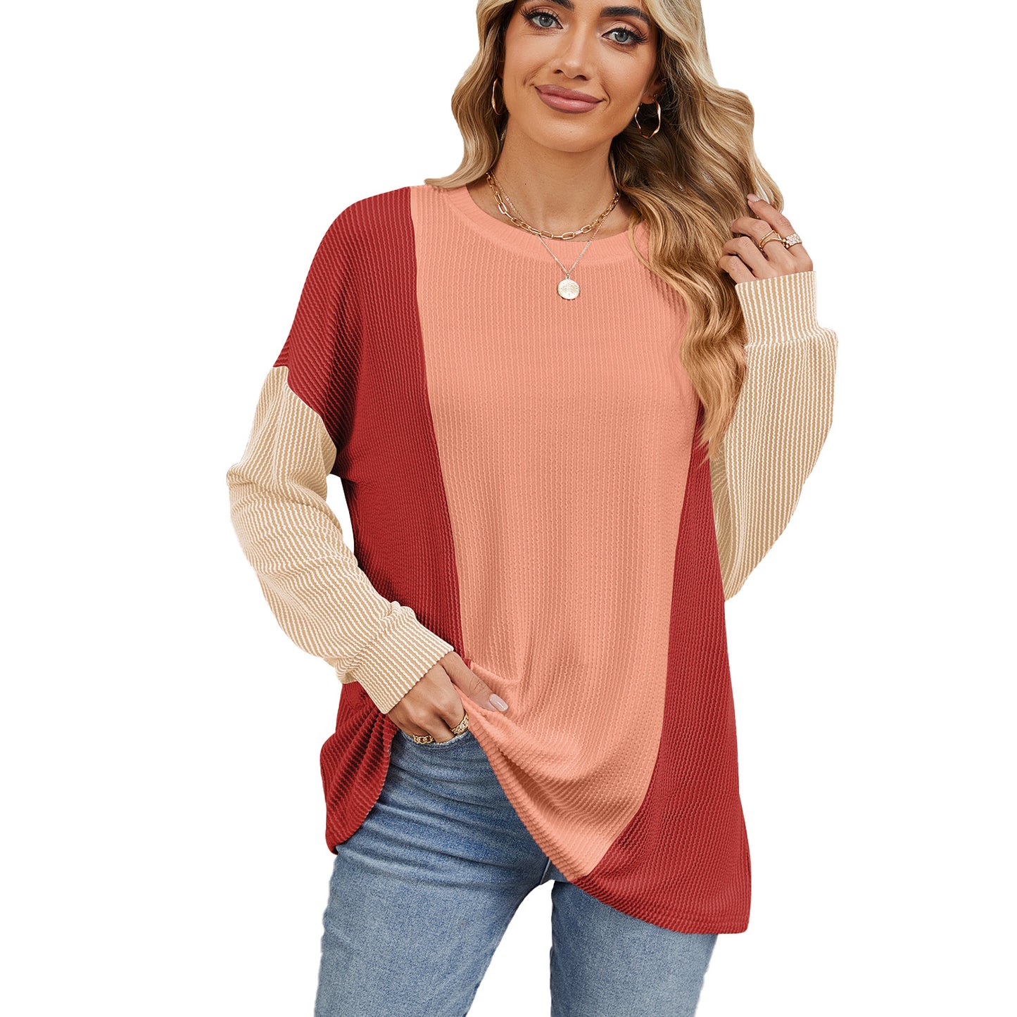 Round Neck Splicing Color Loose Pullover Long Sleeve Sweater Wholesale Womens Clothing N3824091200022