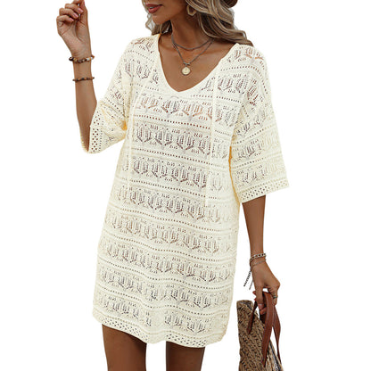 Casual Short-Sleeved V-Neck Hollow Vacation Beach Sunscreen Dress Wholesale Dresses