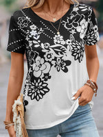 Floral Print Casual V-Neck Short Sleeve T-Shirt Wholesale Womens Clothing N3824022600054