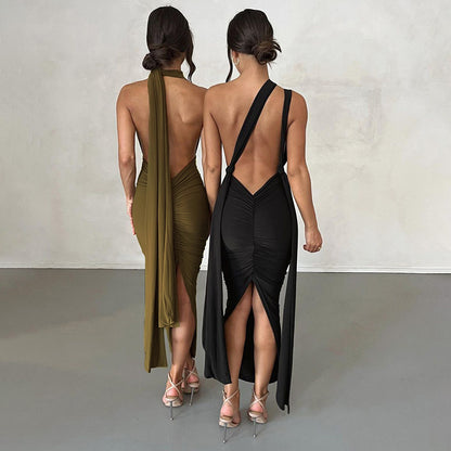 Slit V-Neck Tie Open Back Solid Color Dress Wholesale Dresses