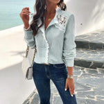 Lace Panel Striped Long Sleeve Shirt Wholesale Womens Clothing N3824040100099
