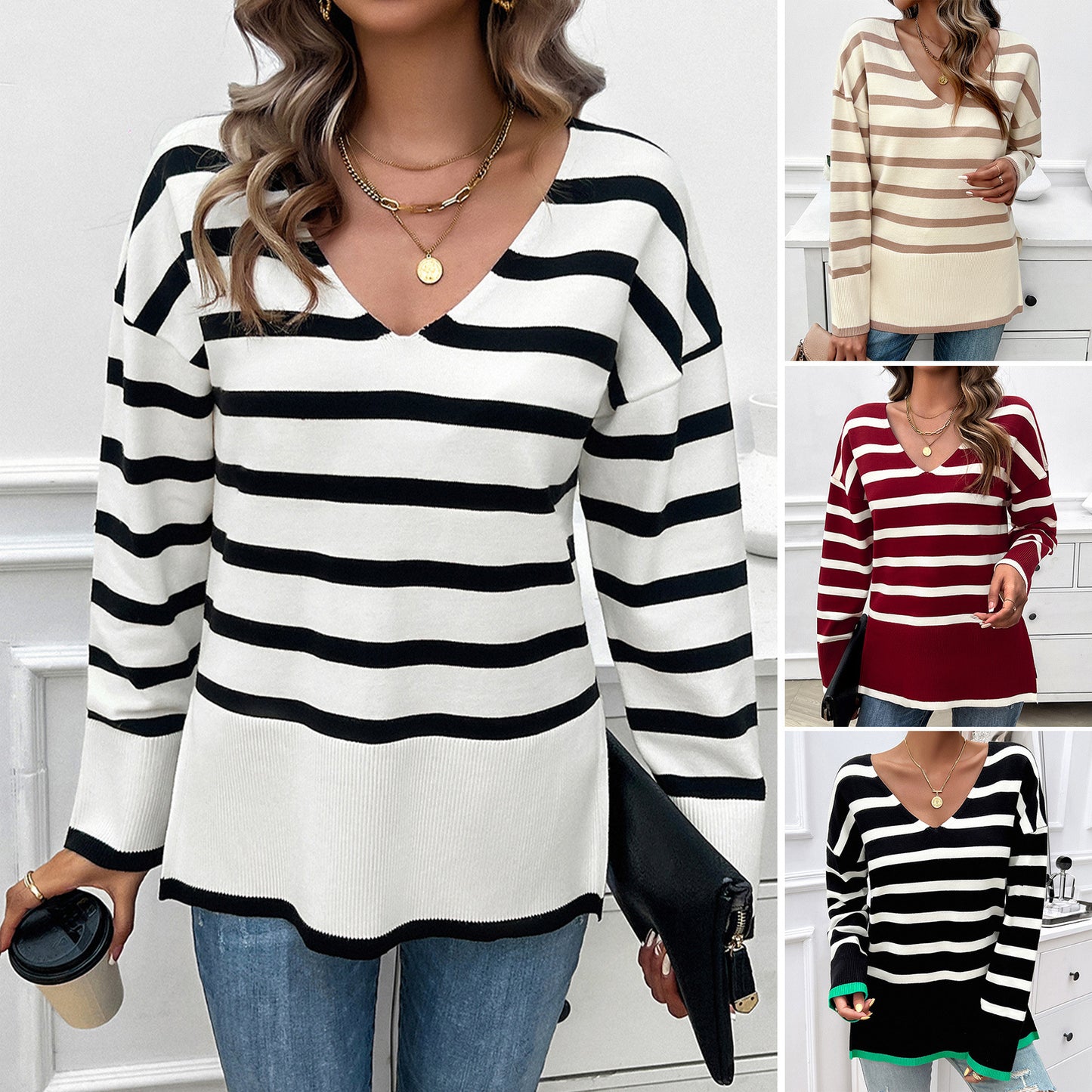 Loose Contrast Color V-Neck Long Sleeve Sweater Wholesale Womens Clothing N3824070500009