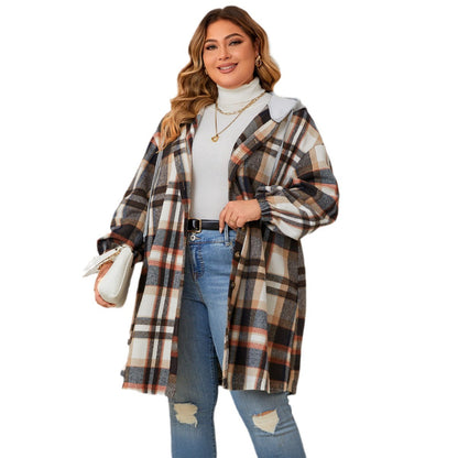 Plus Size Plaid Hooded Mid-Length Jackets Wholesale Womens Clothing N3824091200160