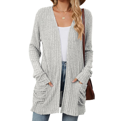 Solid Color Pocket Long Sleeve Knitted Bottoming Cardigan Wholesale Womens Clothing N3824072900051