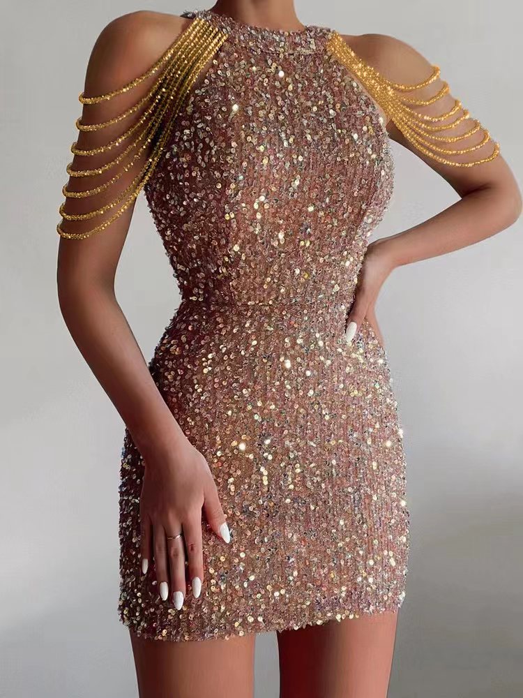Sexy Hanging Neck Crystal Tassel Sequins Mid Waist Hipster Evening Gowns Wholesale Dresses