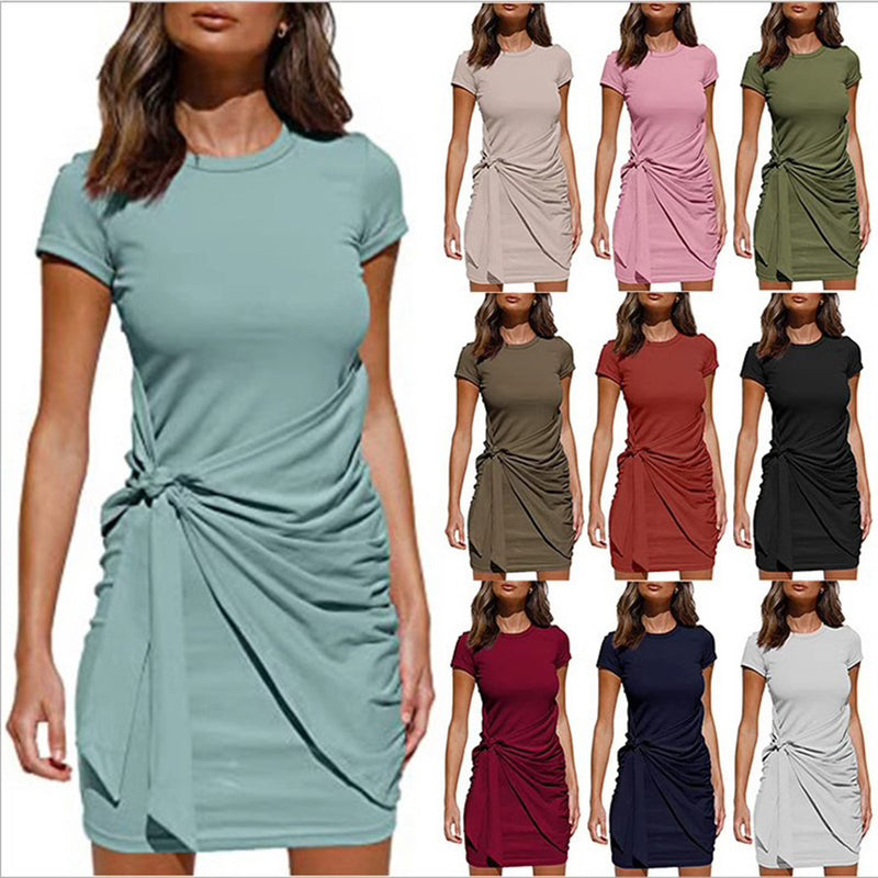Solid Color Irregular Dresses Round Neck Short Sleeves Bow Tie Dress Wholesale Womens Clothing N3824052000006