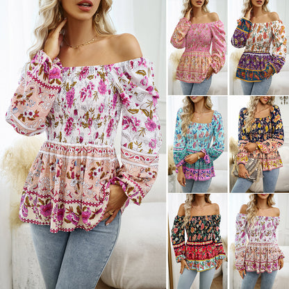 Square Neck Bubble Sleeve Floral Printed Top Wholesale Womens Tops