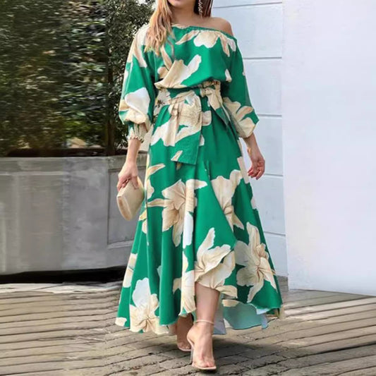 Plus Size Bohemian Print Off Shoulder Elegant Maxi Dresses Wholesale Womens Clothing N3824080500022