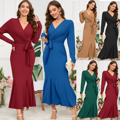 V Neck Long Sleeve Ribbed Slim Fishtail Dresses Wholesale Womens Clothing N3824072000246