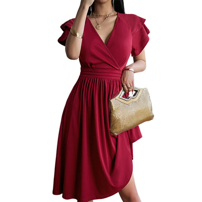 Elegant Flower Petal Sleeve V-Neck Mid-Length Dress Wholesale Dresses