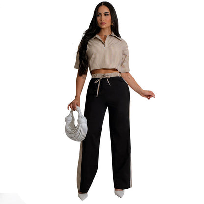 Striped Shirt Top Loose Straight Pants Suit Wholesale Womens 2 Piece Sets N3824081400002