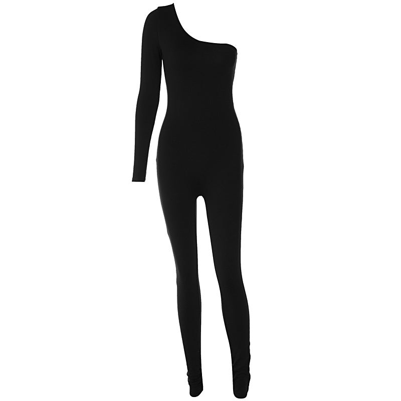 Angled Shoulder Single Sleeve Solid Color Sexy Tight Jumpsuit Wholesale Womens Clothing N3823112200032