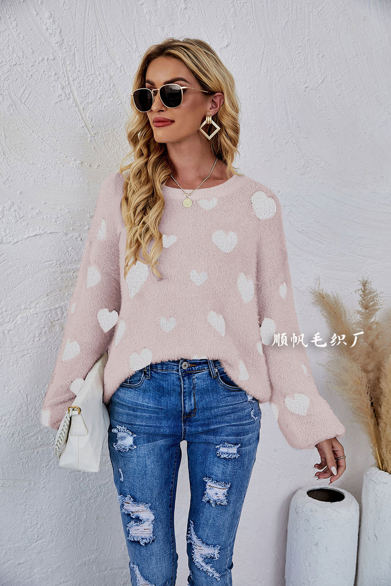 Fashion Valentine'S Day Long Sleeve Heart Print Crew Neck Knit Sweater Wholesale Womens Tops