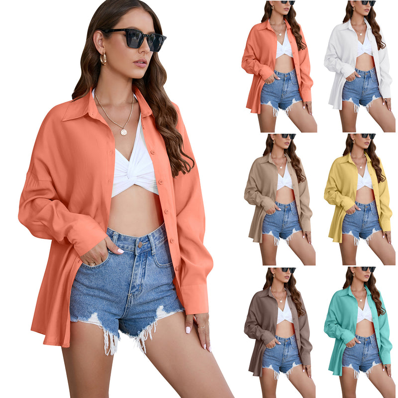 Loose Solid Color Long Sleeve Single Breasted Lapel Sun Protection Top Wholesale Womens Clothing
