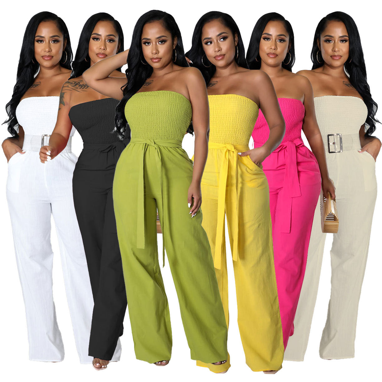 Off-Shoulder Smocked Solid Color High Waist Jumpsuit Wholesale Womens Clothing N3824071000022