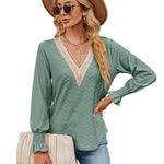 V-Neck Lace Long-Sleeved Loose T-Shirt Tops Wholesale Womens Clothing N3823112800043