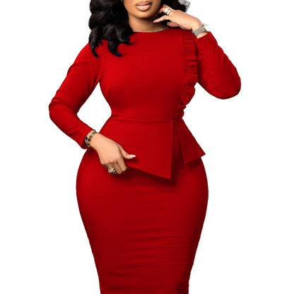 Fashion Long-Sleeved Pleated Slim Package Hip Pencil Skirt Wholesale Dresses