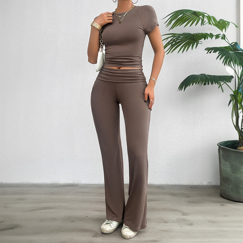 Casual Solid Color Slim Fit Short Sleeve Tops Long Pants Sets Wholesale Womens Clothing N3824042900036