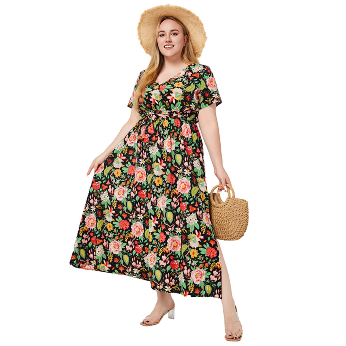 Plus Size V Neck Short Sleeve Printed Swing Bohemian Dress Wholesale Womens Clothing N3824080300028