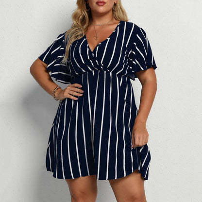 Plus Size Striped V-Neck Short Sleeve Waisted Dresses Wholesale Plus Size Womens Clothing N3824052500001