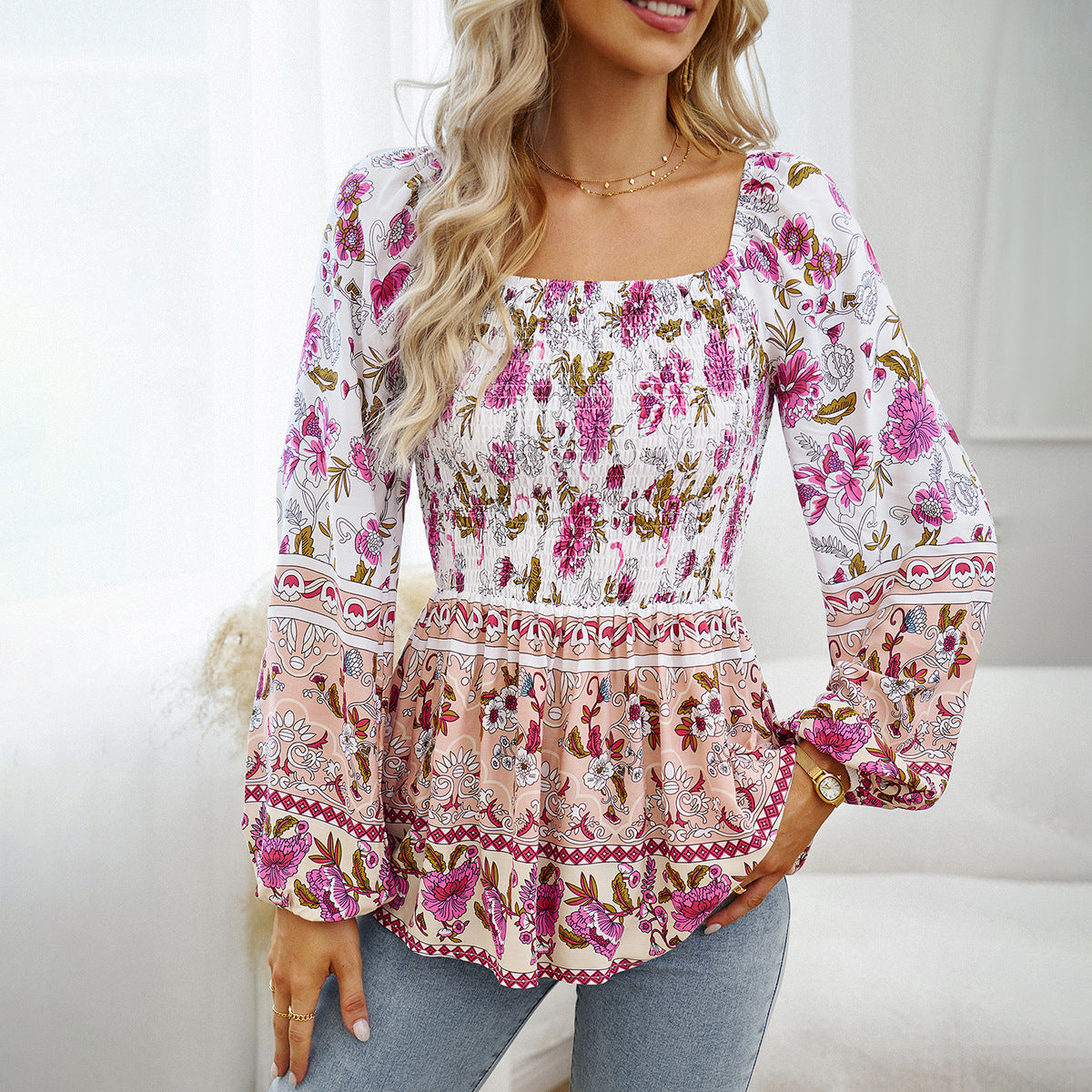 Square Neck Bubble Sleeve Floral Printed Top Wholesale Womens Tops