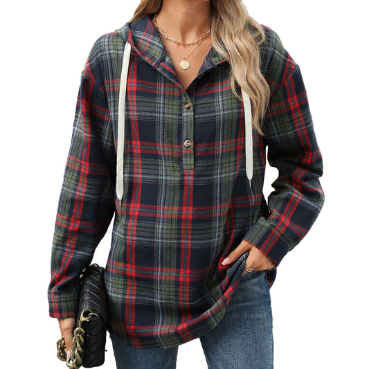 Loose Long Sleeve Hooded Button Plaid Jackets Sweatshirts Wholesale Womens Clothing N3824082900037