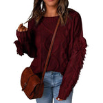Loose Solid Color Long Sleeve Ribbed Tassel Crew Neck Knit Sweater Wholesale Womens Tops