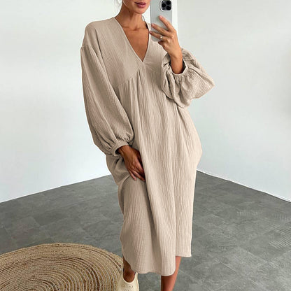 Puff Sleeve V-Neck Crepe Cotton Loose Casual Dresses Wholesale Womens Clothing N3824071000003