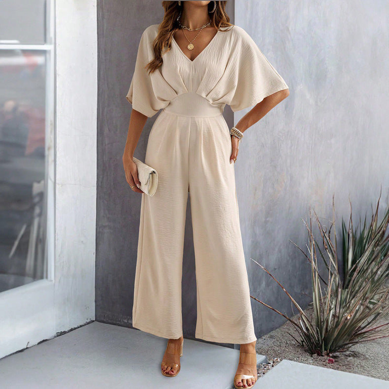 Short-Sleeved Solid Color Casual Wide-Leg Jumpsuit Wholesale Womens Clothing N3824062100011