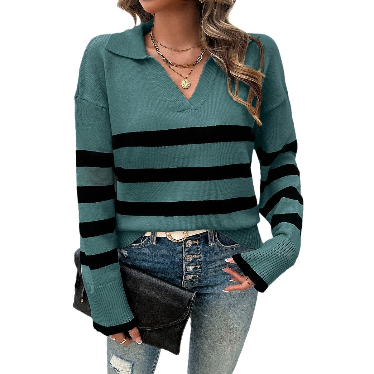 Autumn Winter Casual Loose Contrast Color Lapel Sweater Top Wholesale Womens Clothing N3824062400016