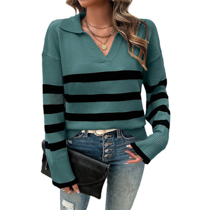 Autumn Winter Casual Loose Contrast Color Lapel Sweater Top Wholesale Womens Clothing N3824062400016