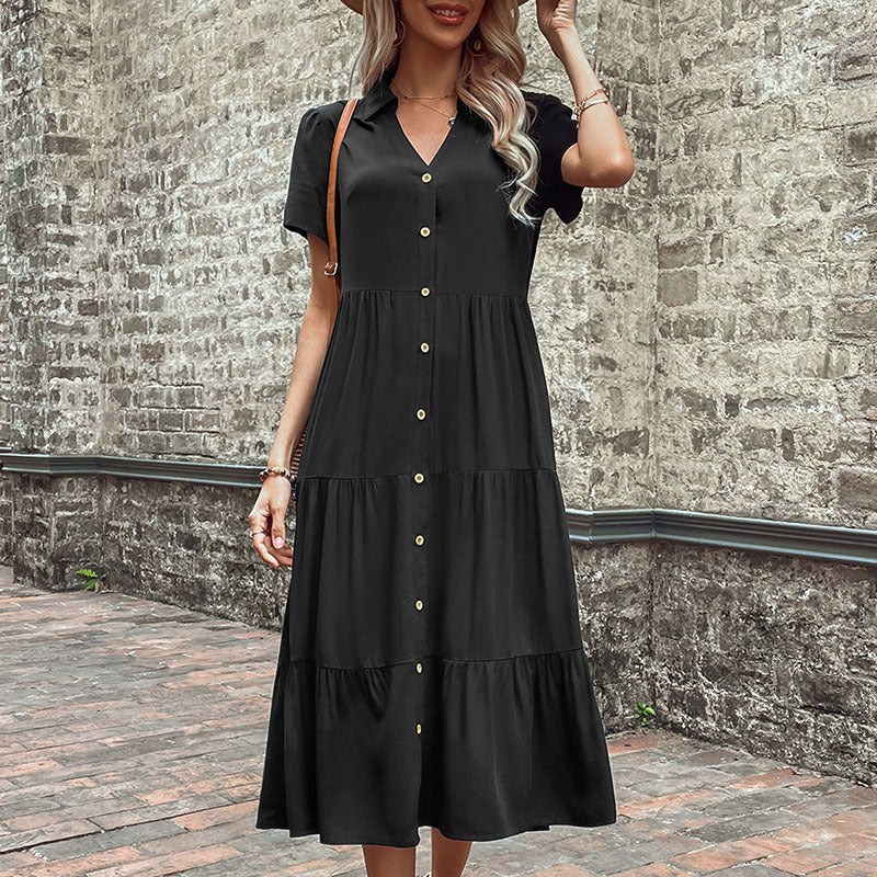 Solid Color Button-Up Lapel Midi Shirts Dresses Wholesale Womens Clothing N3824050700032