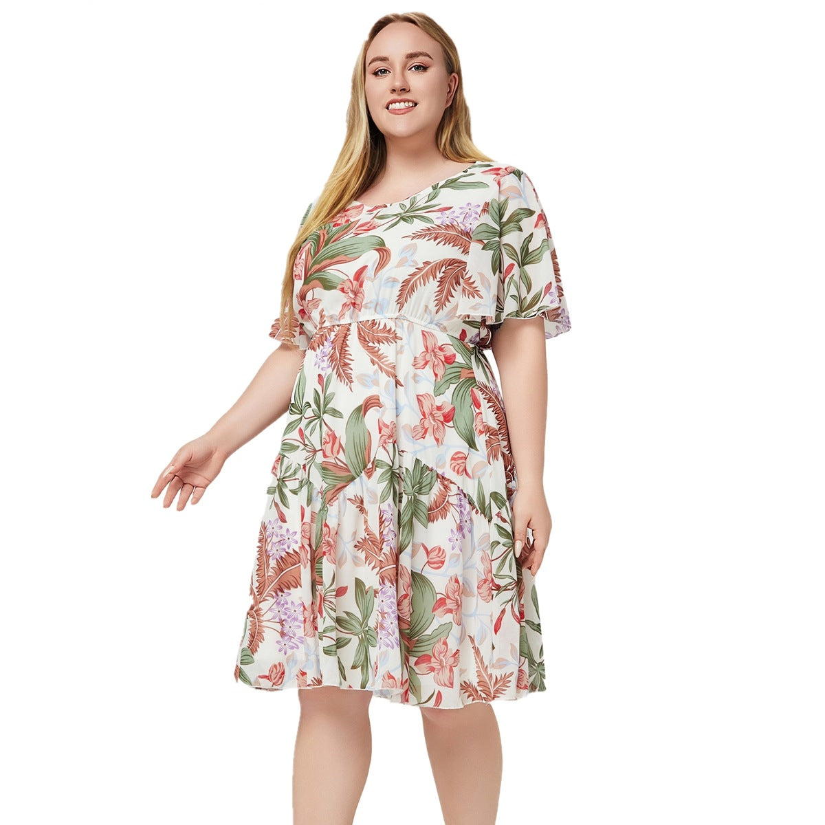 Plus Size Round Neck Short Sleeve Printed Midi Dresses Wholesale Womens Clothing N3824080300034