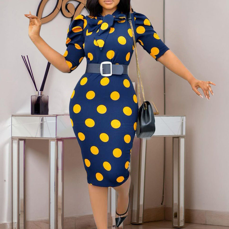 Fashion Bow Lacing Polka Dot Pencil Dress With Belt Wholesale Dresses