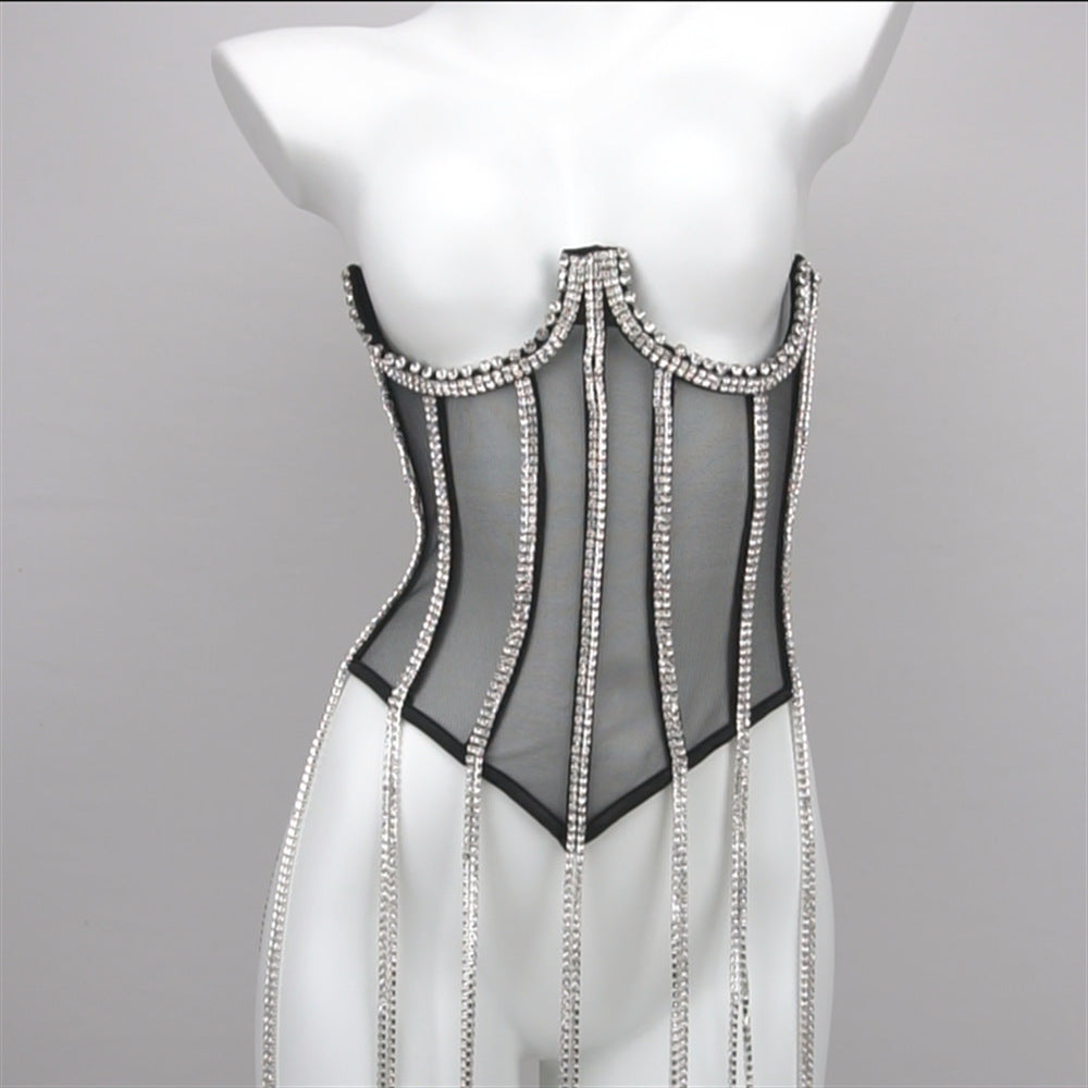 Mesh Diamond Chain See-Through Shiny Strap Crop Tops Wholesale Women'S Tops