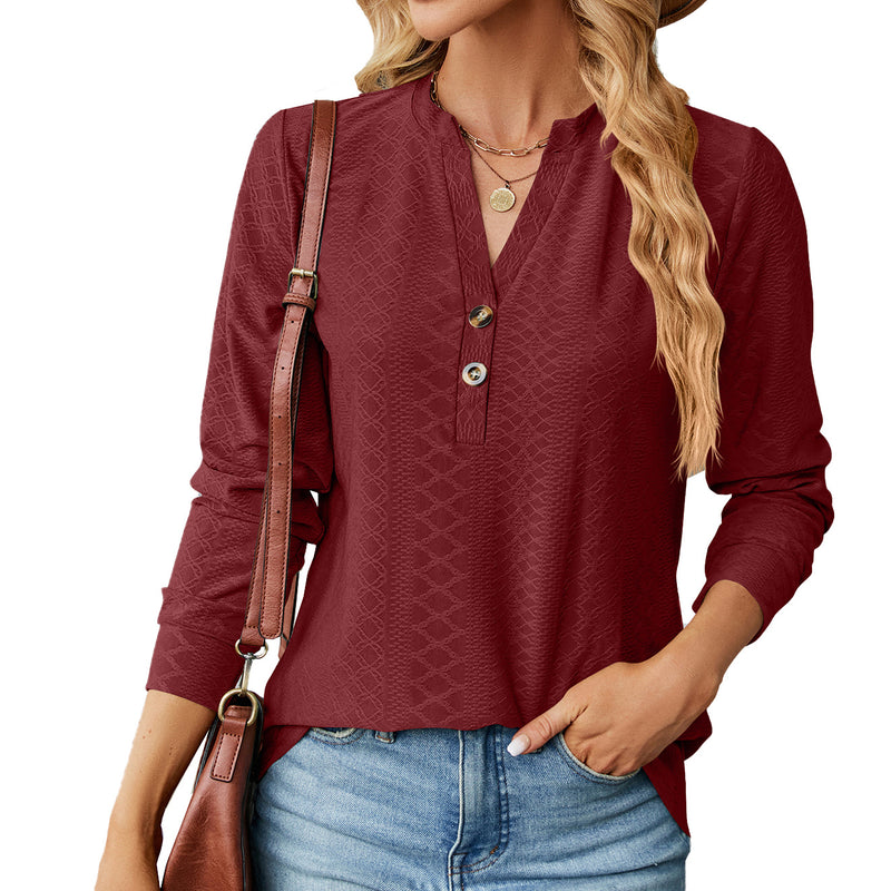 V-Neck Solid Button Loose Long Sleeve T-Shirt Top Wholesale Womens Clothing N3823112800041