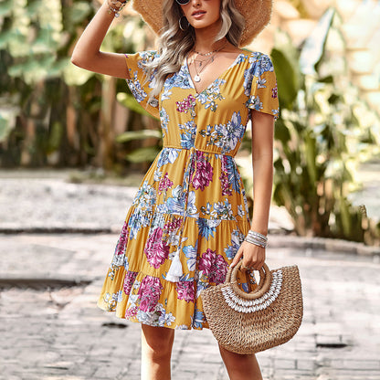 Casual Short-Sleeved Floral Print V-Neck Bohemian Vacation Short Dresses Wholesale Dresses