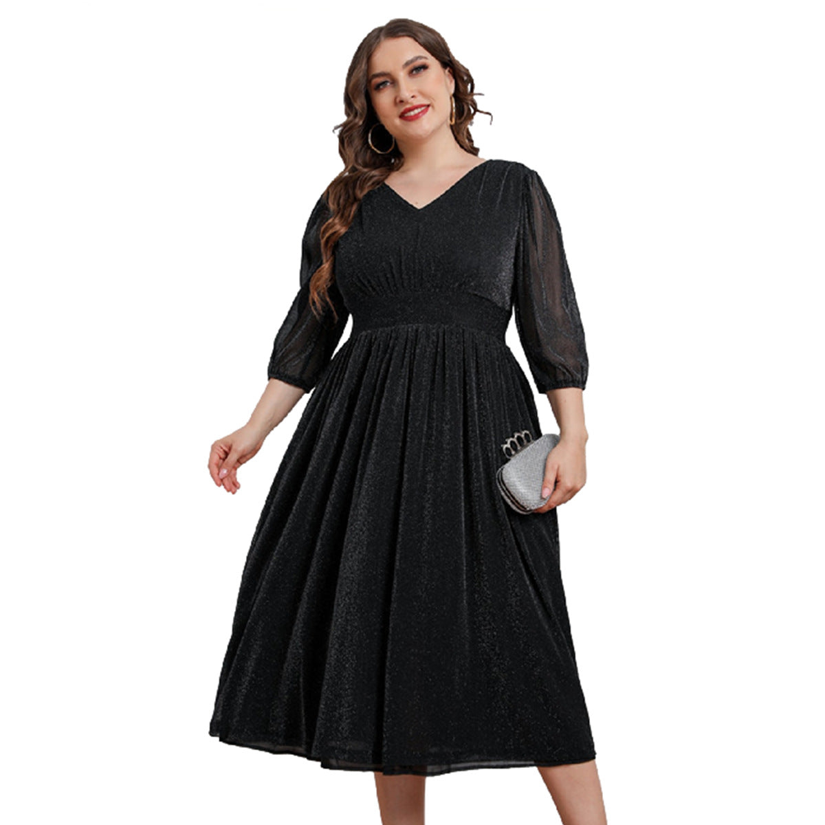 Plus Size V-Neck 3/4 Sleeves Mid-Length Mesh Dresses Wholesale Womens Clothing N3824080300021