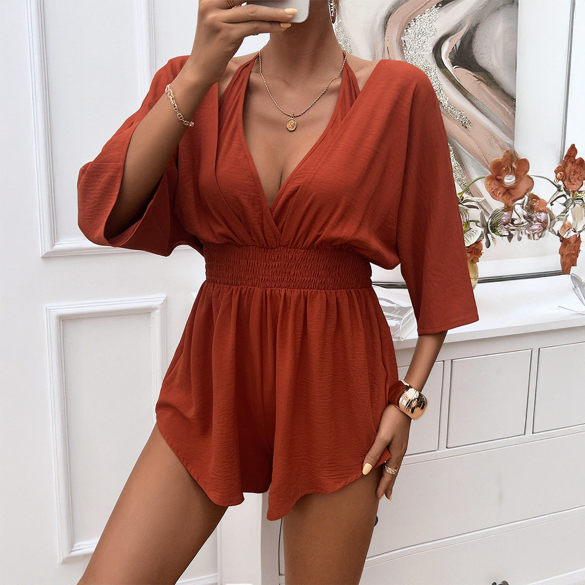 Waist Solid Color Halter Short Jumpsuit Wholesale Womens Clothing N3824120600009