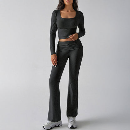 Solid Color Casual Knit Long Sleeve Top Pant Yoga Wear Two Piece Set Wholesale Womens Clothing N3824101000021