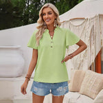 Solid V-Neck Button Slim-Fit Short-Sleeved Tops Wholesale Womens Clothing N3824041600038