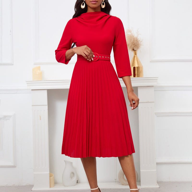 Long Sleeve Pleated Solid Color Dress Wholesale Womens Clothing N3823111600056